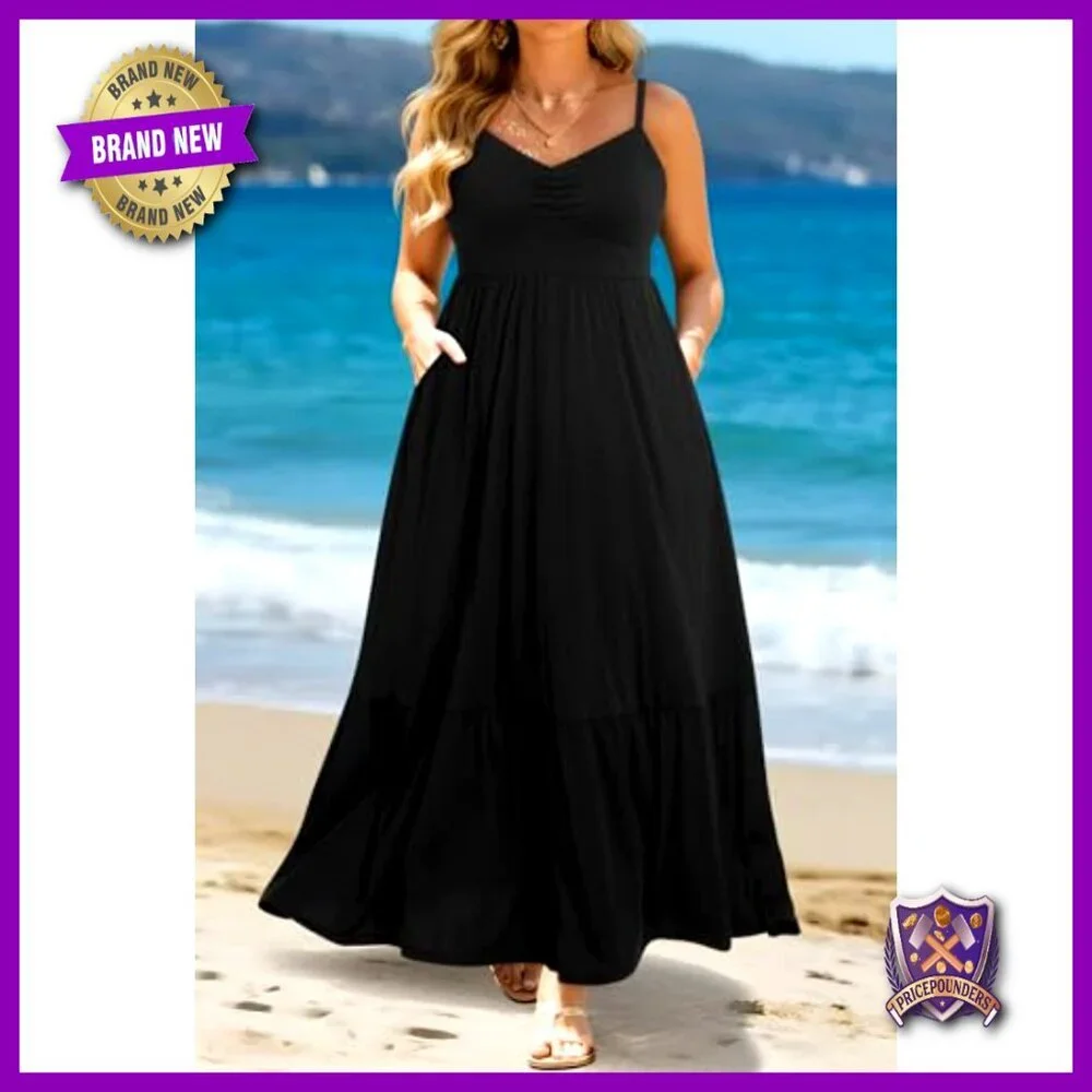Plus Size Maxi Sundress with Ruched Bust Spaghetti Straps Pockets - Picture 2 of 7